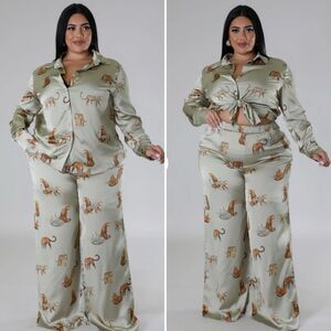 NWOT Good Times USA My Remedy Pant Top Set Sage Green Cheetah 1XL